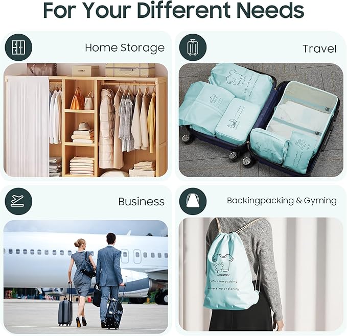 8 Set Packing Cubes for Travel Essentials - Luggage Organizer Bags with Hanging Toiletry & Shoe Bag for Suitcase, Travel Cubes for Packing