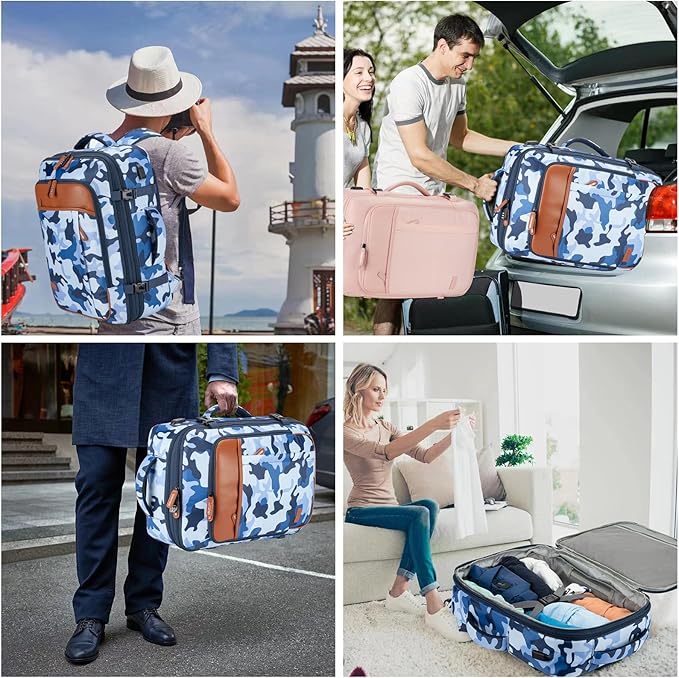 Travel Backpack 42L Carry on Backpack Flight Approved Expandable Travel Backpack Carry on Backpack Luggage Daypack (Blue Camouflage)