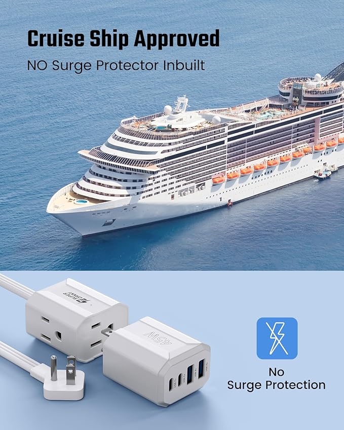 SUPERDANNY Detachable Travel Power Strip,45W USB Fast Charge,2 USB-C & 2 USB-A with 3 Outlet Flat Plug Extension Cord 10ft,Portable Charger for Travel Essentials for Travel Cruise Home, White