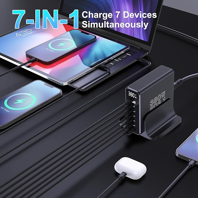 URVNS 380W USB C Charger, GaN III 7 Ports PD3.1 140W PPS 45W QC60W Fast Charging Station with LED Display for MacBook Laptop, iPhone 16/15/14 Pro Max, iPad, Galaxy S25/S24, Steam Deck and More