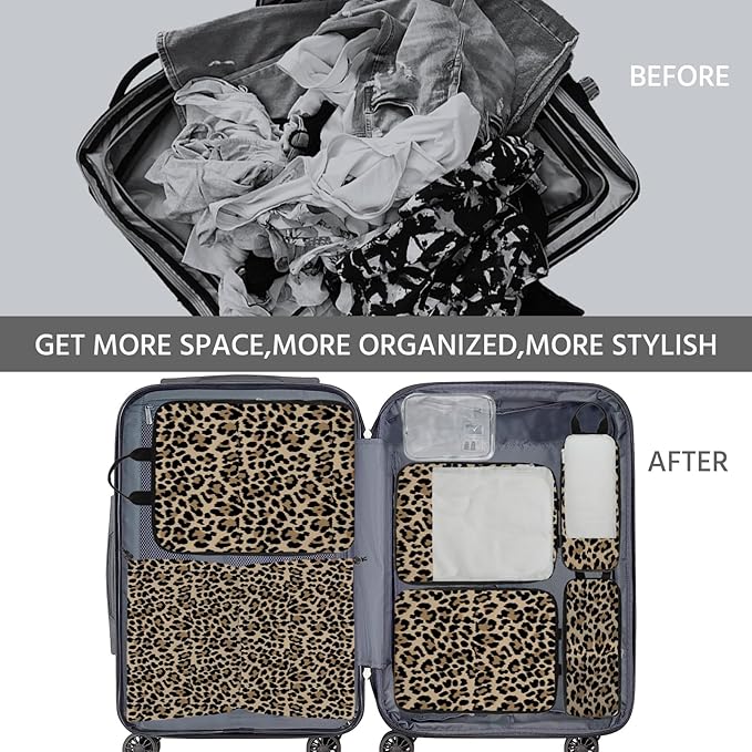 7 Pcs Compression Packing Cubes for Travel, Waterproof Suitcase Luggage Backpack Organizer with Toiletry Bag Travel Essentials for Women/Men-Leopard