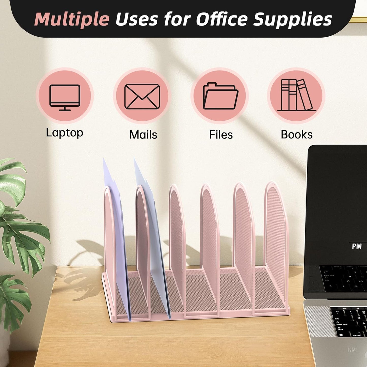 SUPEASY File Organizer - 5-Section Mesh Desktop File Sorter, Upright File Folder Holder for Office Supplies, Pink