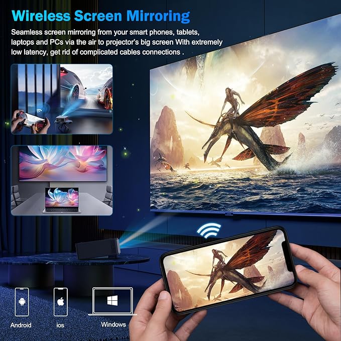 【1500Brightness】Dess Projector,Projector With Wifi 6 And Bluetooth, Movie Proyector with Electric Stand, Smart Projector Outdoor Projector,Auto Focus & Keystone, Native 1080P, High Contrast