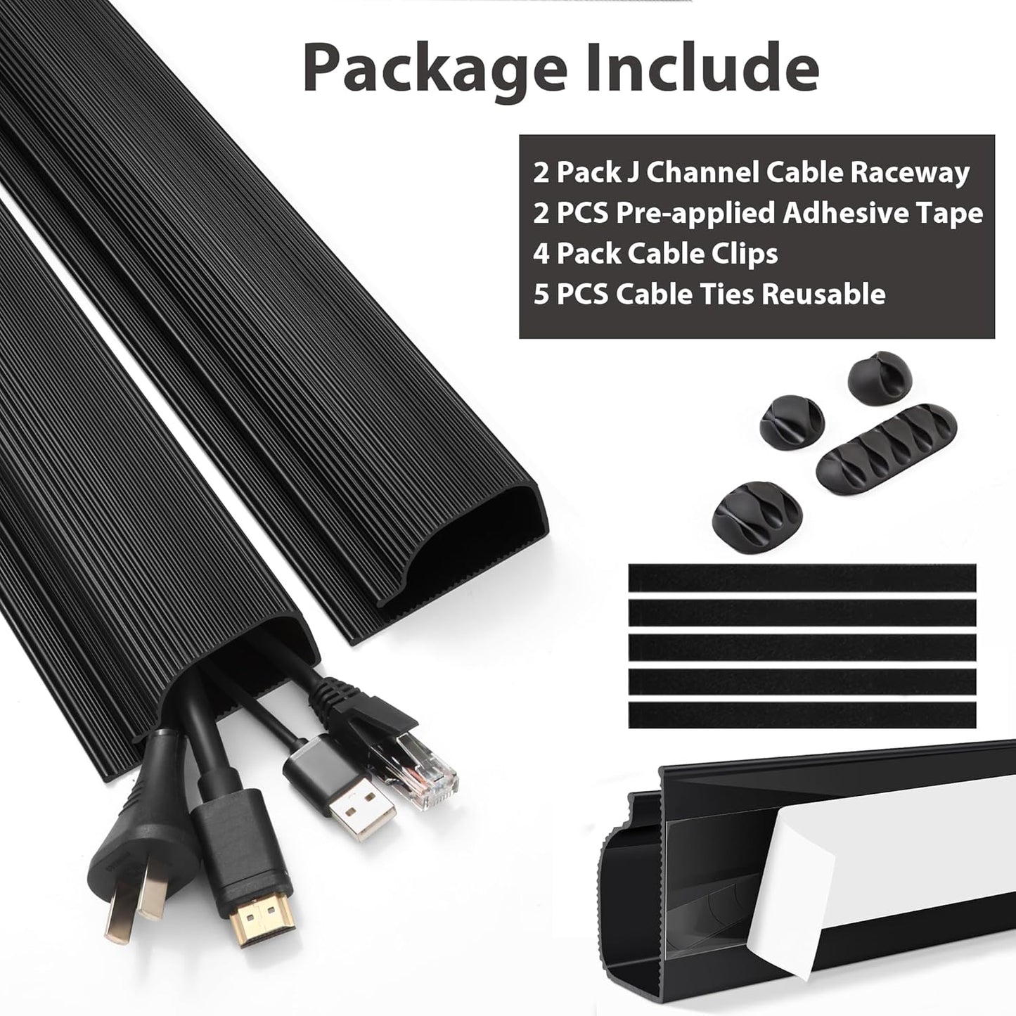 Cable Management Under Desk (31.5in J Channel 2x15.7in) Self Adhesive Cable Raceways Channel, Easy to Install Cord Cover Hider Desk Cord Organizer Electrical Black