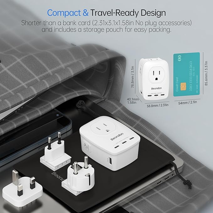 BEONDON European Travel Adapter Kit with Detachable Plugs (C/E/F/G) for UK, France, Germany, Italy, Spain & More - 2 US Outlets & 5 USB Ports (3 USB C) - Multi-Device Charger