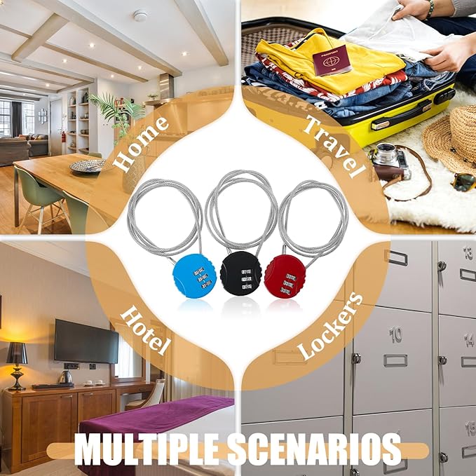 3 Pieces Cable Luggage Locks 3 Digit Combination Locks Combo Locks Wire Stroller Locks TSA Approved Padlocks for Travel Bike Backpack Cabinet, 30 Inch Wirerope (Black,Blue,Red)