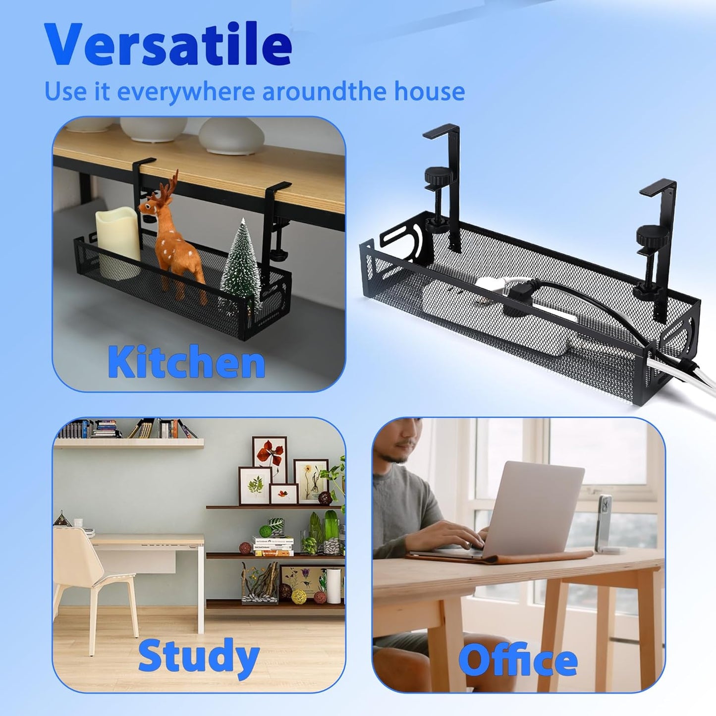 Under Desk Cable Management Tray with No Drill Installation, Power Strip Holder & Wire Organizer Storage Rack for Desk, Office, Home (L-Black)