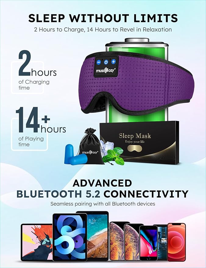 MUSICOZY Sleep Headphones Wireless Mask 3D Sleeping Eye Mask, Music Headband Headphones Sleep Earbuds Earphones for Side Sleeper Sleep Silk Eye Mask Cool Gadget Holiday for Mom Women(Purple+Black)