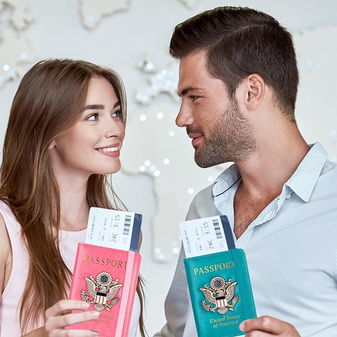 TOURSUIT RFID Blocking Passport Holder for Women Men, Leather Passport Travel Wallet with Metal 3D Metal Badge, Travel Document Holder Cover Accessories (Light Blue)