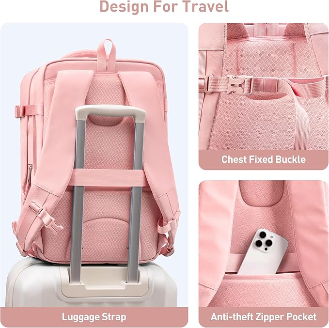 SHOWKOO Travel Backpack For Man Women, Airline Approved Carry On Laptop Backpack For Business, 40L Expandable Large Capacity Backpack, Pink