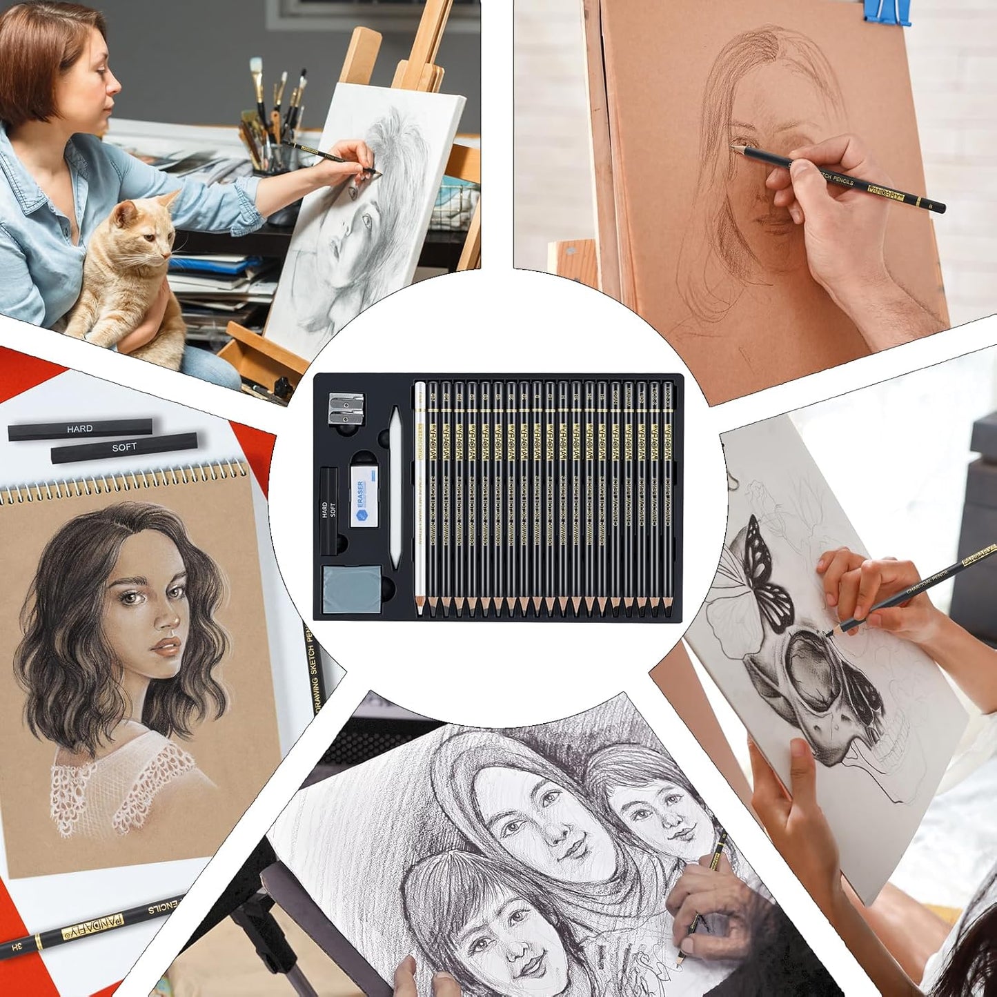 PANDAFLY 26-Piece Professional Sketch Pencil Set - Includes 4H to 14B Graphite Pencils, Charcoal Pencils, Charcoal Sticks, Vinyl Eraser, Kneaded Eraser, Sharpener, Blending Stump