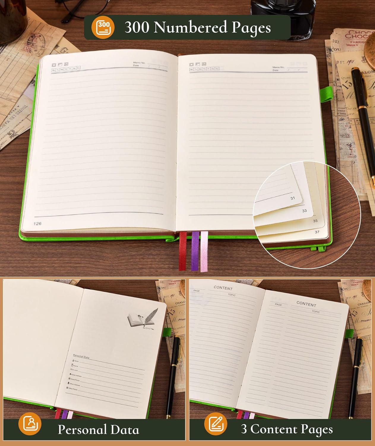 Vintage Leather Journal with 300 Numbered Pages,B5 Lined Journal for Men Women,Daily Journals for Writing,College Ruled Notebook for Work,School,Note taking,Travel Diary,Large (7" x 10")