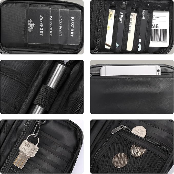 Travel Passport Holder, Large Family Passport Walle for Men Women RFID Passport Cover Lightweight Portable Document Organizer with Wrist Strap (Black)