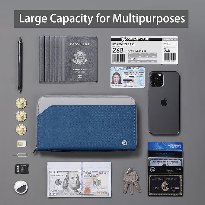 Travel Passport Holder for Family - RFID Large Travel Passport Wallet with Airtag & Card Holder Women Men, Lightweight Passport Cover Case Travel Document Organizer with Zipper Pocket,Navy Blue