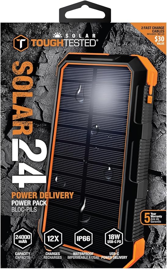 ToughTested 24,000 mAh Fast Charging Solar Power Bank, Portable Solar Charger External Battery Bank | LED Flashlight, IP67 Waterproof, Dustproof, Shockproof for Camping, Travel & Emergency Use
