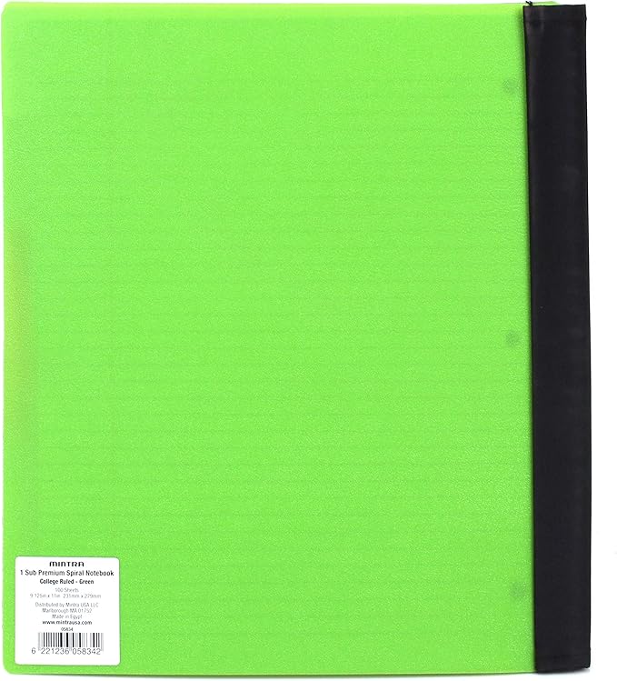 Mintra Office Durable Premium Spiral Notebook, ((Green, 1 Subject, 8.5in x 11in)), Fabric Covered Coils, No Snags, Removable Adjustable Pocket Dividers, Ruler, Organization, Customizable