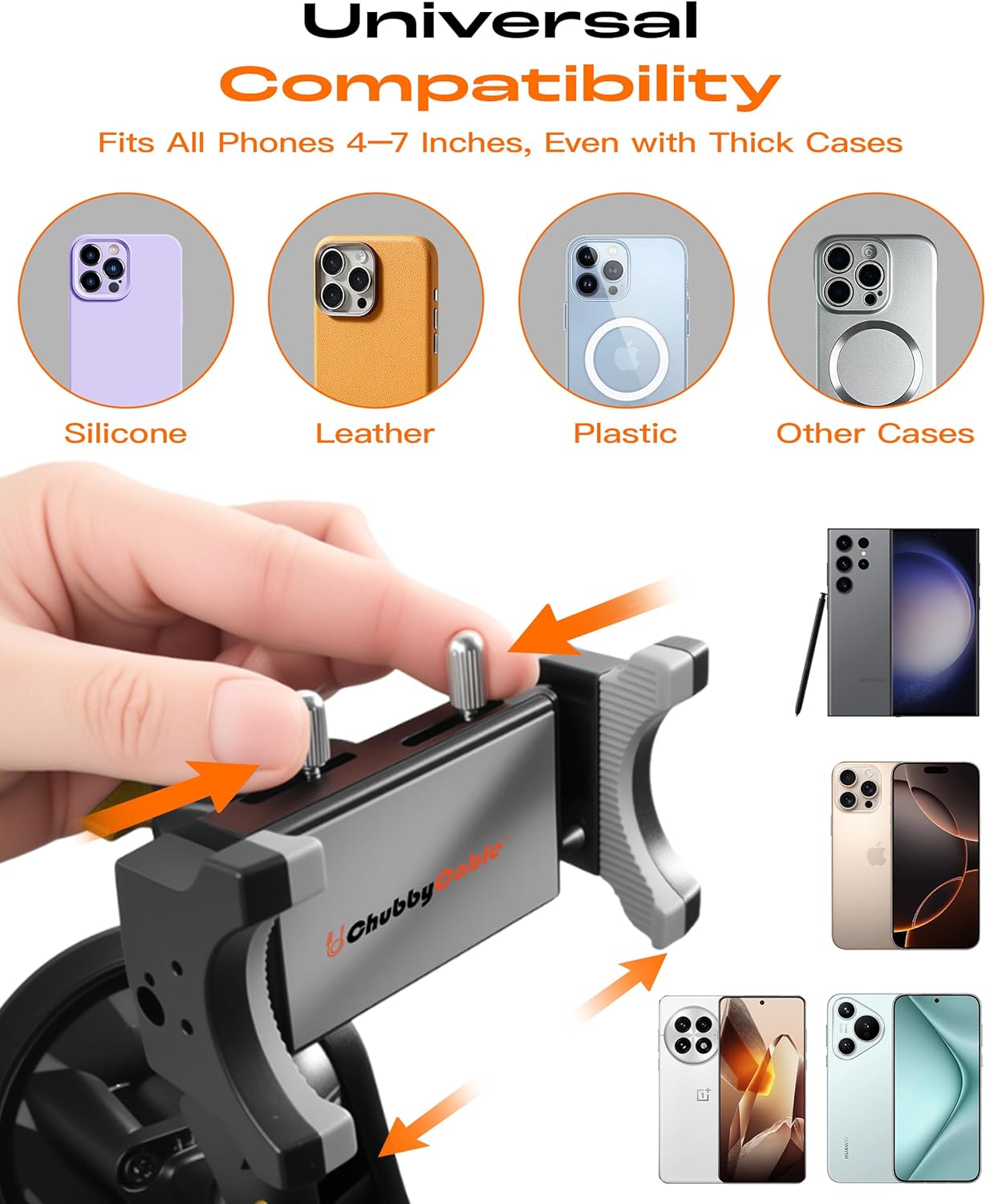 chubbycable ChubbyGrip Pro Dash Mount Premium Metal Knobs Phone Holders for Your Car 360° Rotation Suction Cup Phone Mount for Windshield, Clamp, Orange