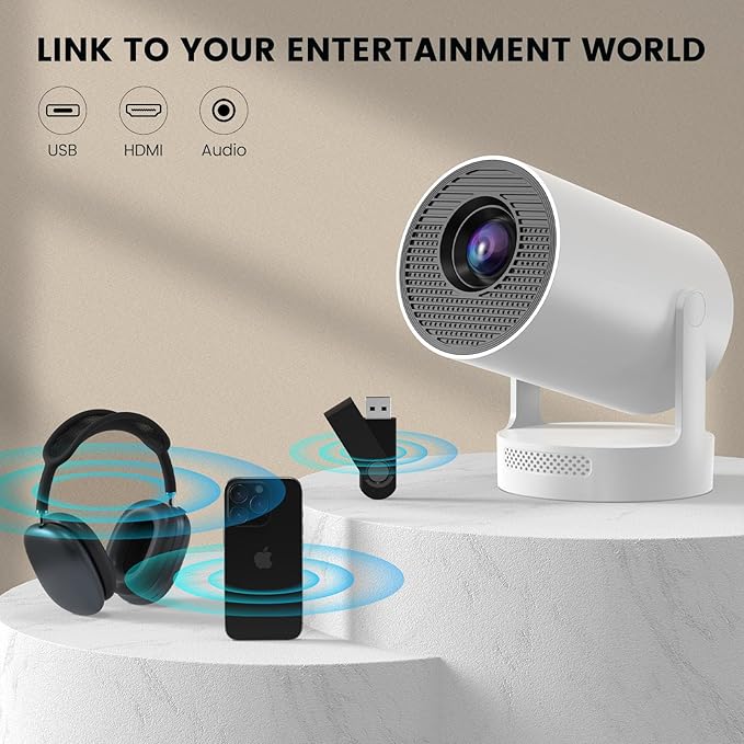 Mini Projector with WiFi and Bluetooth, Smart Portable Projector with 4K Support, 5w Sound Base Speaker, 260 ANSI, 210° Rotation, Auto Keystone Correction for Home Bedroom Outdoor, HY300 Plus