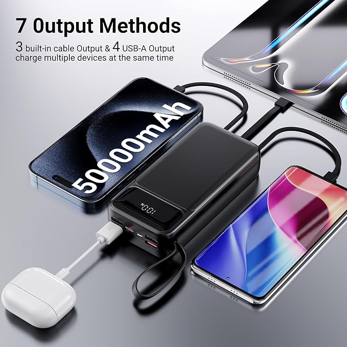 Portable Charger Power Bank 50000mAh- 7 Outputs & 3 Inputs USB-C PD 22.5W Fast Charging Powerbank Battery Pack with Built-in Cables and Ports LED Display for iPhone 16 15 14 13 Samsung Android iPad