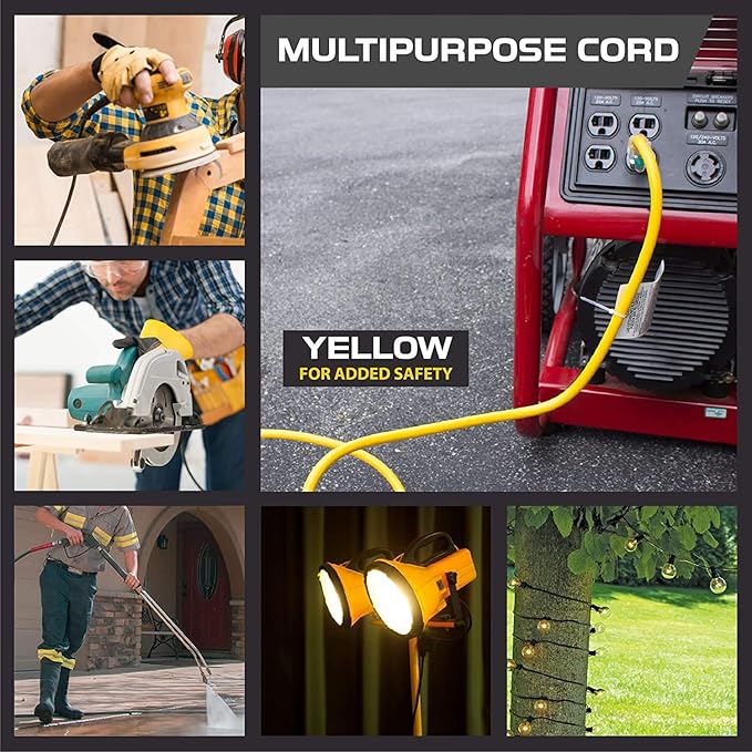 IRON FORGE CABLE 10 Foot Lighted Outdoor Extension Cord with 3 Electrical Power Outlets - 12/3 SJTW Heavy Duty Yellow Extension Cable with 3 Prong Grounded Plug for Safety, 15 AMP