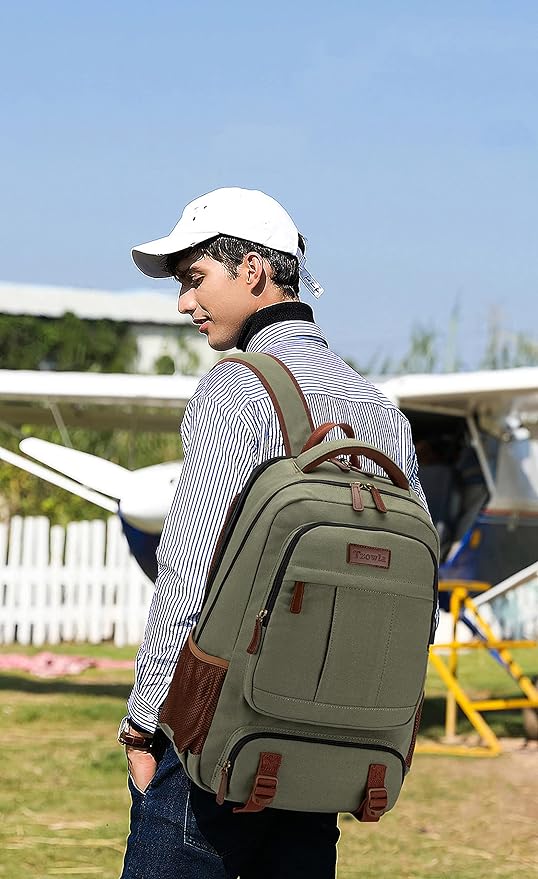 Tzowla Canvas Laptop Backpack, Bag for Men Women,Travel Work Rucksack Fits 15.6 Inch Laptop, Bookbag with USB Charging Port