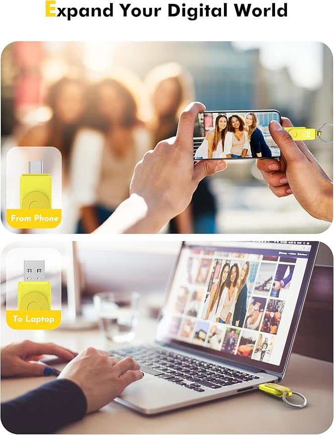 MOSDART 128GB USB3.1 Fast Speed C and A Dual Flash Drive, exFAT Memory Stick with Keychain and LED Indicator, for iPhone 15 and 16, Android Phone, iPad, MacBook, and Other Laptops,Yellow