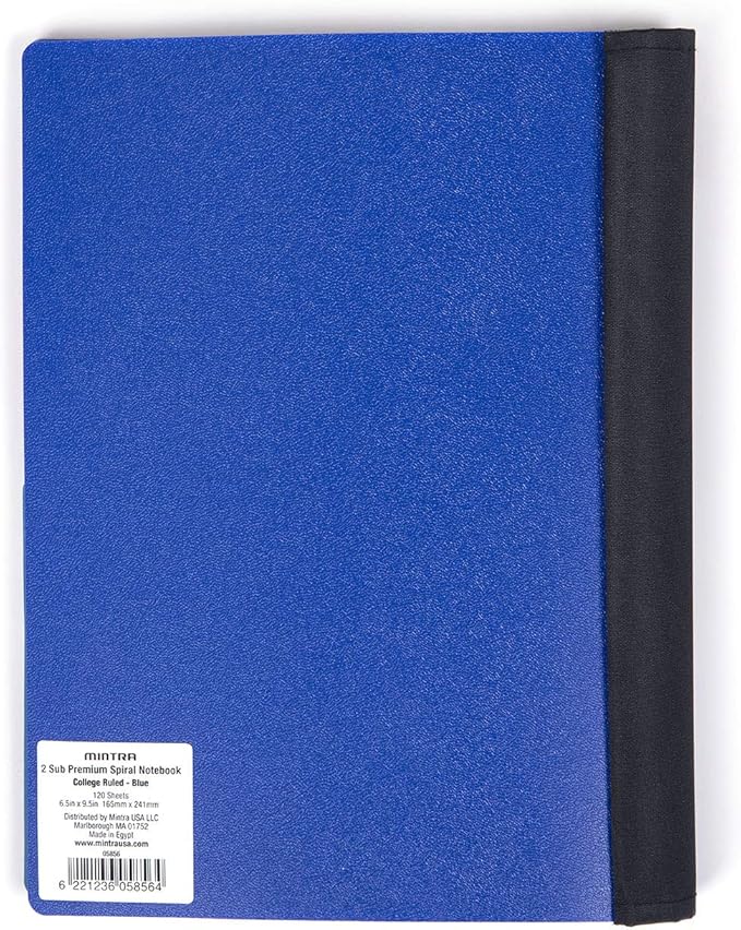 Mintra Office Durable PREMIUM Spiral Notebook, ((Blue, 2 Subject (6in x 9.5in)), Wire, Fabric Covered Coils, No Snags, Removable Adjustable Pocket Dividers, Ruler, Organization, Customizable