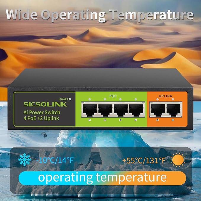 6 Ports PoE+ Switch, 4 PoE+ Ports, 2 Uplink, IEEE 802.3af/at, Total 65W, 100Mbps, Unmanaged, Metal case, Suitable for IP Cameras,Networking Devices & Home Office.
