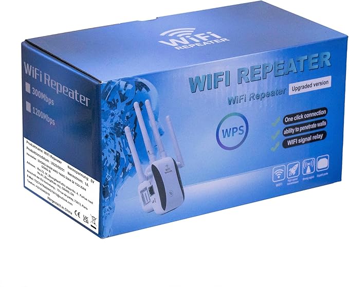 WiFi Extender Repeater Signal Booster for House Up to 5000 sq.ft and 40 Devices, External WiFi Antenna x 4, RJ45 Port x 1, WPS, Easy One Key Setup