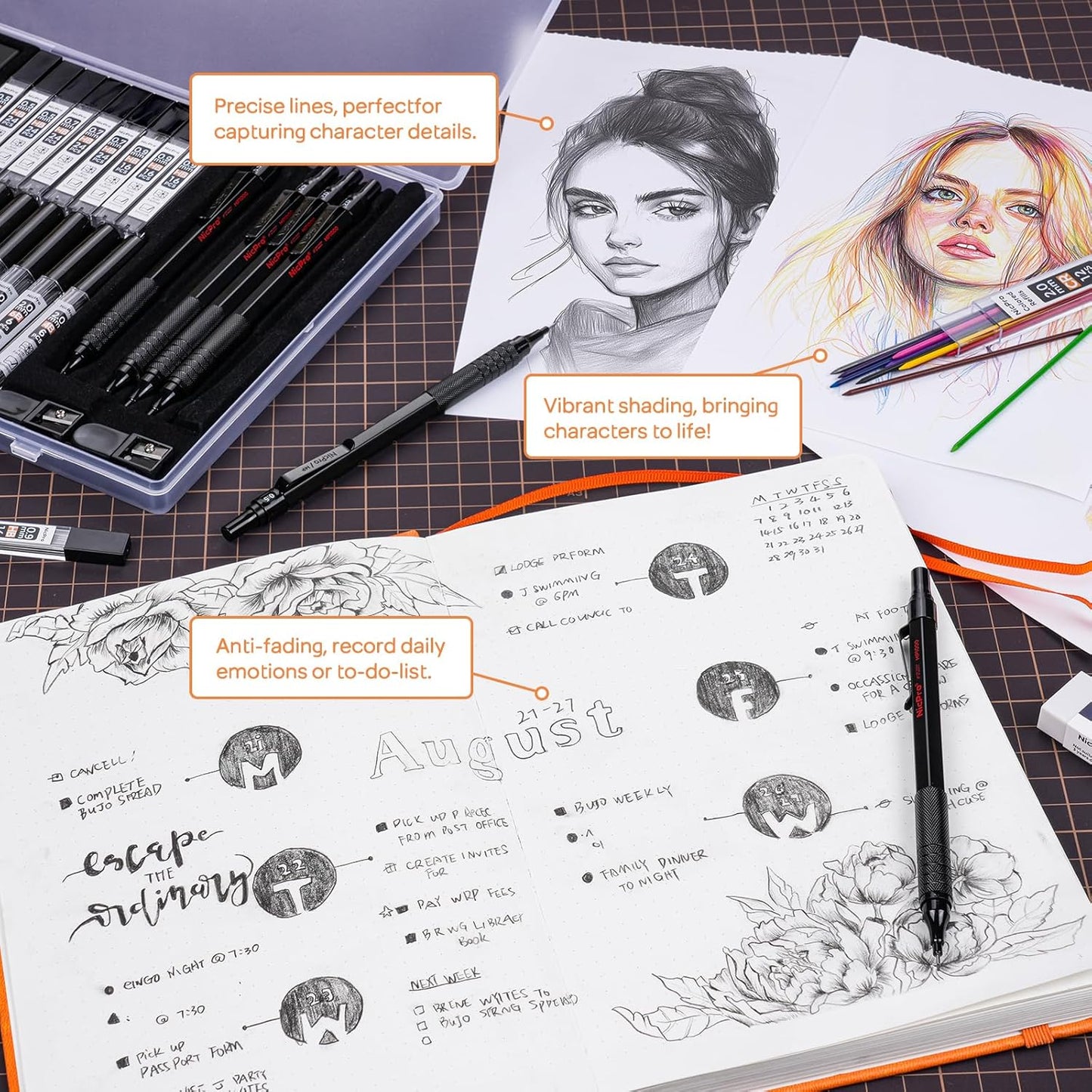 Nicpro 35PCS Black Metal Mechanical Pencils Set in Case, Art Drafting Pencil 0.5, 0.7, 0.9 mm & 3PCS 2mm Graphite Lead Holder for Drawing Sketching With 20 Tube Lead Refills(6B 4B 2B HB 2H 4H Colors)