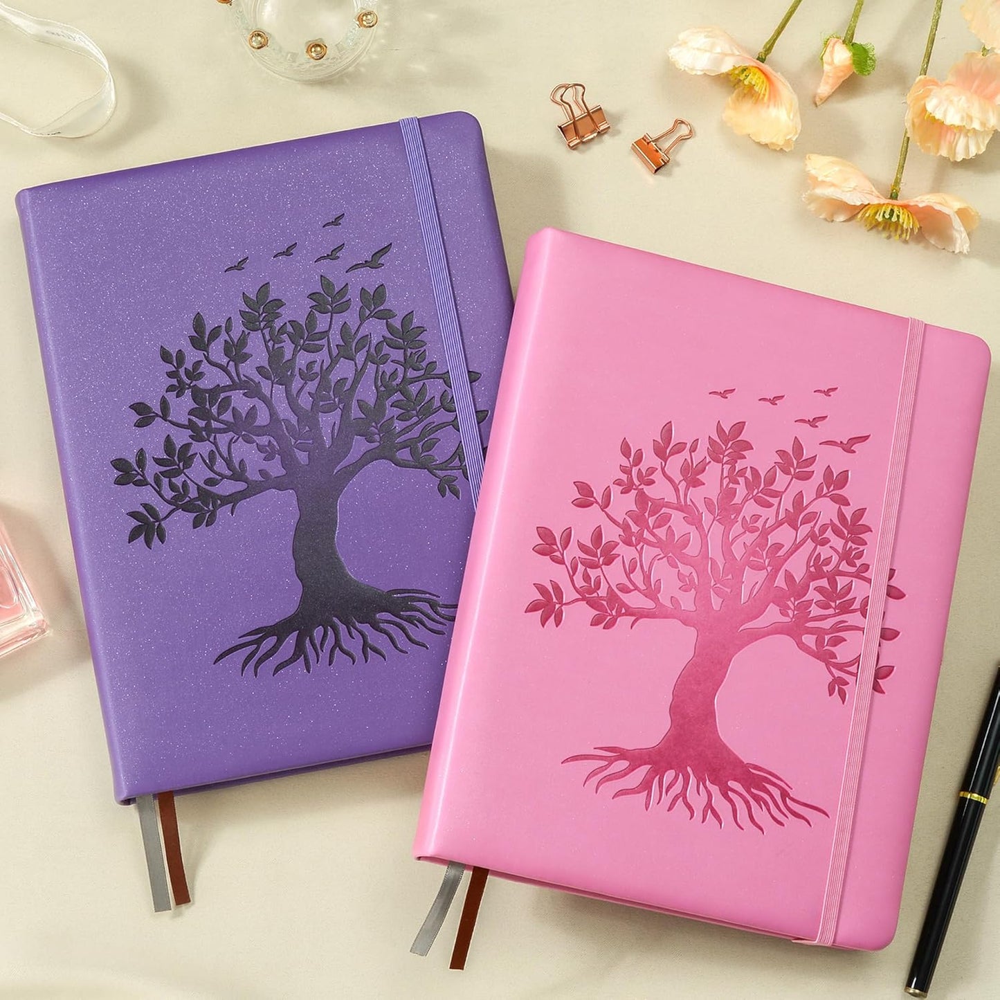 ZXHQ B5 Bullet Dotted Journal Notebook for Women:150gsm Thick Paper, 256 Pages, Dot Grid Hardcover, Tree of Life Design, Fine Inner Pocket - 7.7" × 10" Purple