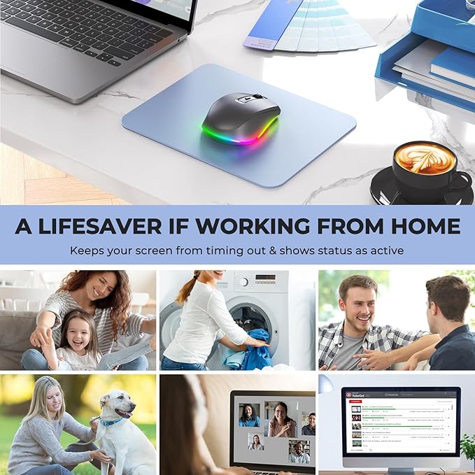 PEIOUS Wireless Mouse Jiggler - LED Wireless Mice with Build-in Mouse Mover, Rechargeable Moving Mouse for Laptop with Undetectable Random Movement Keeps Computers Awake - Space Grey