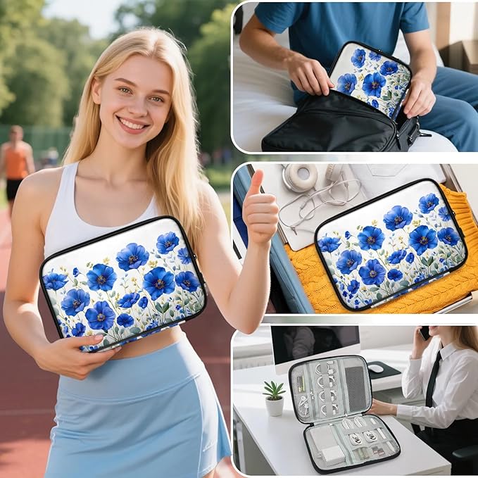 Blue Wildflowers Electronics Travel Organizer Case, Tech Accessories Cable Storage Bag for Cords, Charger, Phone, Hard Drive