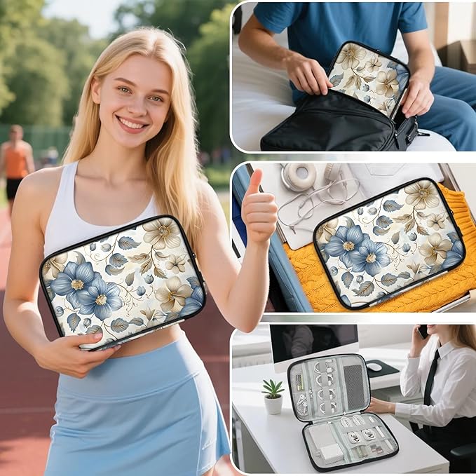 Blue White Flowers Electronics Travel Organizer Case, Tech Accessories Cable Storage Bag for Cords, Charger, Phone, Hard Drive