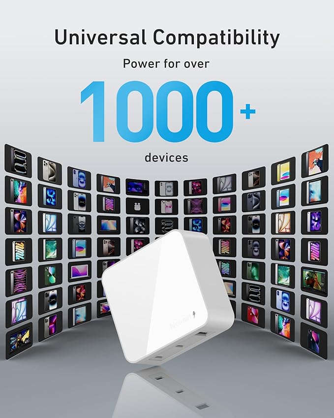 Nekmit 100W Flat USB C Charger Block, 3-Port GaN Fast Wall Charger, USB C Wall Plug for MacBook Pro/Air, iPad, iPhone, Galaxy and More (White, 100W)