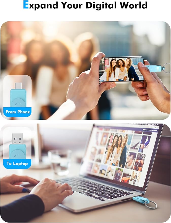 MOSDART 1TB USB3.1 Fast Speed C and A Dual Flash Drive, exFAT Memory Stick with Keychain and LED Indicator, for iPhone 15 and 16, Android Phone, iPad, MacBook, and Other Laptops, Sky Blue