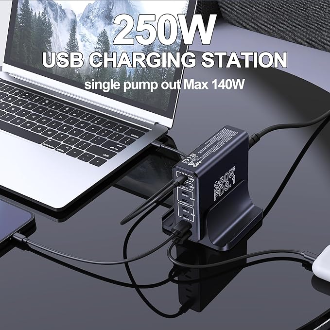 Aftertop 250W USB C Charger, 8-Ports PD3.1 140W Fast Charging Station, Compact Laptop GaN Charger for MacBook, iPad, iPhone 16 15 Pro Max, Galaxy S24/S23 Ultra, Pixel and More