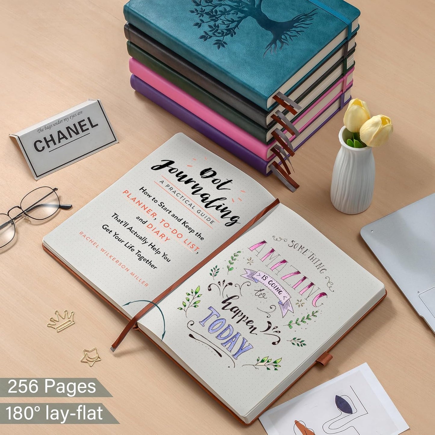 ZXHQ A5 Bullet Dotted Journal Notebook-150gsm Thick Paper, 256 Pages, Dot Grid Hardcover, Tree of Life Design, Fine Inner Pocket - 5.9" × 8.5" Brown