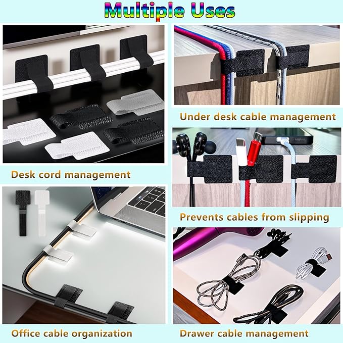 Under Desk Cable Management, Wire Organizers for Cords - Upgrade 48 PCS Sticky Back Self Adhesive Cable Ties, Hook and Loop Straps for Home or Office Use