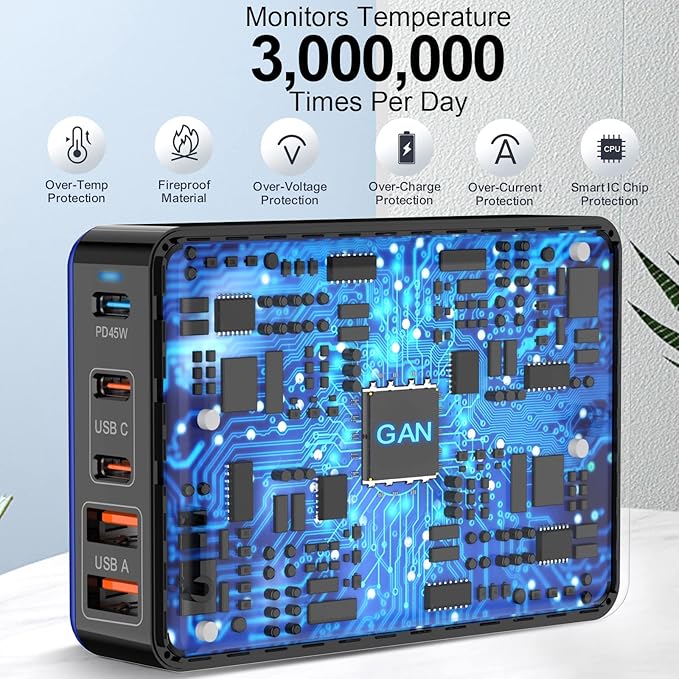 100W USB C Charger, 5 Port USB Tower Charging Hub Fast Charger for iPhone,iPad,MacBook, Super Fast Charging for Samsung, Multi USB Block with Flat Plug, Travel Charger for Multiple Devices, Blue