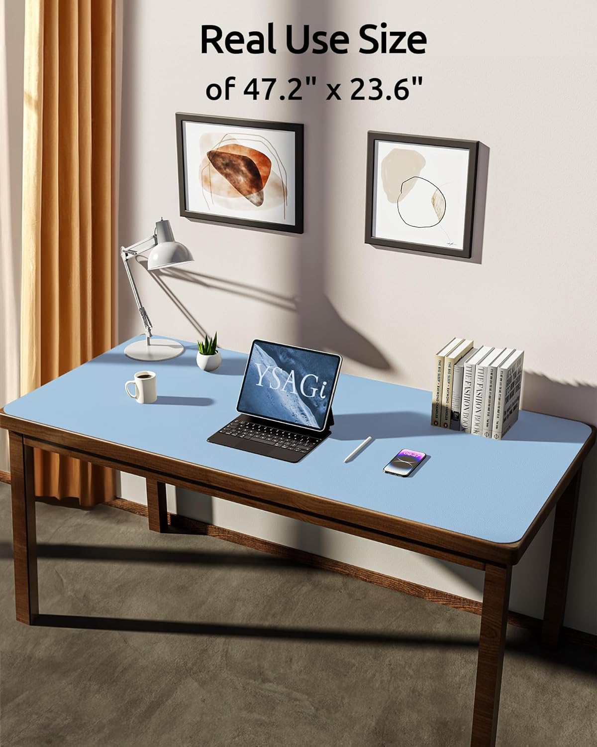 YSAGi Leather Desk Protector, Office Mat, Large Mouse Mat, Non-Slip PU Leather Blotter, Laptop Pad, Waterproof Writing Pad for Office and Home (Baby Blue, 47.2" x 23.6")