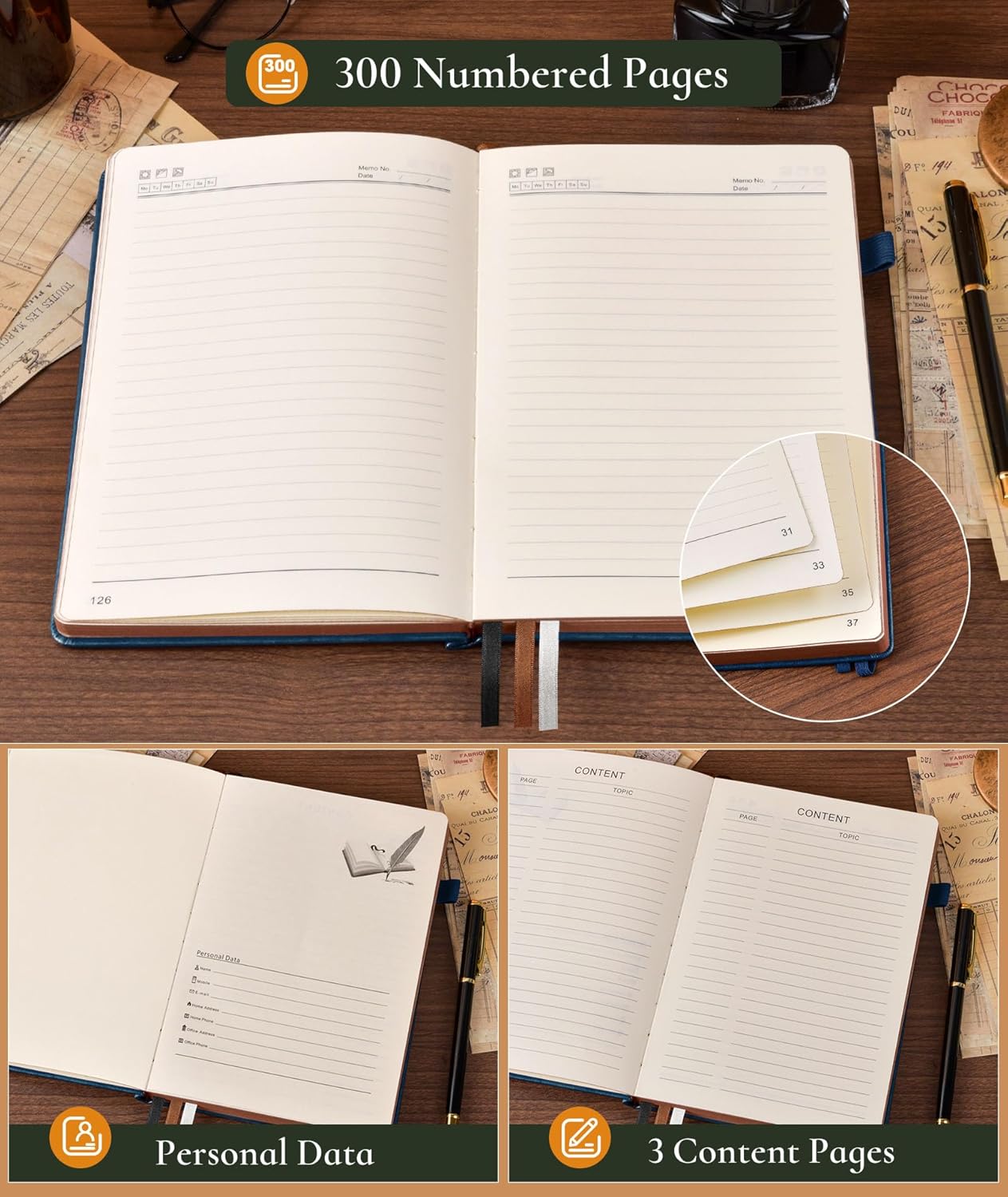 Vintage Leather Journal - 300 Page Lined Journal Notebook with Numbered Pages,A5 Notebook for Women Men,Travel Diary,Daily Journal for Writing, Note Taking, School & Work (5.8" x 8.3")