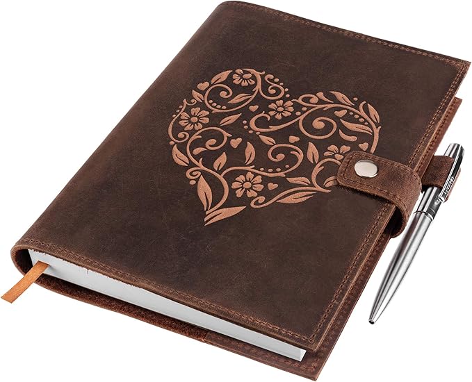 moonster Refillable Leather Journal Embossed Heart Shape Cover Design Journals with Pen – Milled A5 Leather Journal Lined Paper - Journals for Women – Leather Vintage Journal - 320 Pages