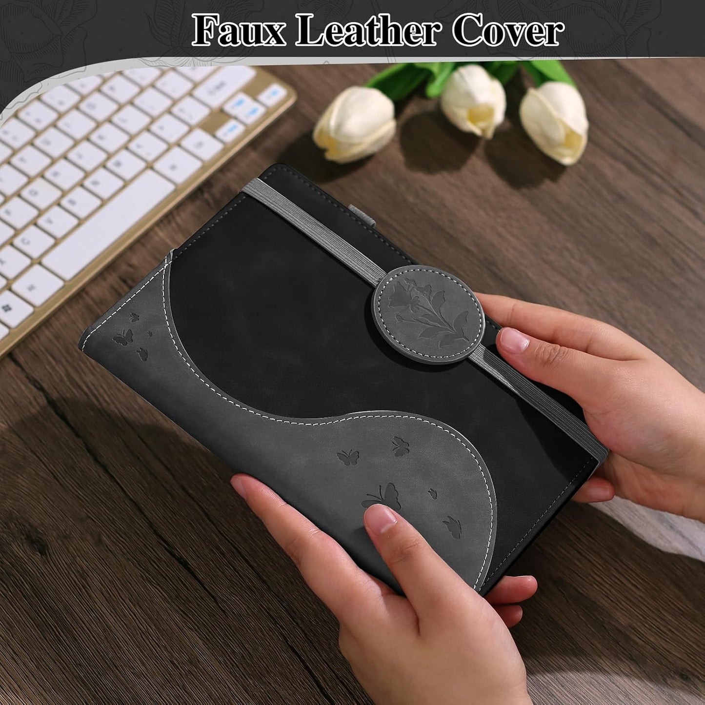 Lined Journal Notebook, A5 Hardcover Leather Journal for Men Women, 200 Pages 100 GSM Thick Paper, Journaling Notebooks for Work School Travel Note Taking, Black