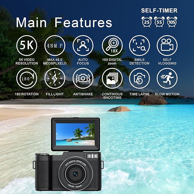 5K Digital Camera for Photography 64MP Auto-Focus Vlogging Camera for YouTube 3" 180° Flip Screen Compact Travel 18X Digital Zoom, Anti-Shake 2 Batteries & 32GB TF Card