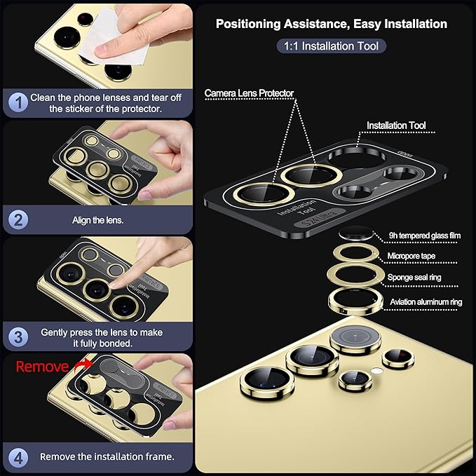 WSKEN for Samsung Galaxy S24 Ultra Camera Lens Protector, Ultra Thin Scratch Resistant 9H Tempered Glass with Aluminum Metal Circle Camera Screen Protector Cover Accessories, Yellow
