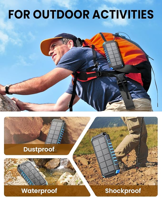 Riapow Solar Charger Power Bank - 27000mAh/99000mWh Wireless Portable Charger Built in 2 Cables - 22.5W Fast Charging Battery Bank with USB C - PD QC External Battery Pack for Phone Flashlight Outdoor