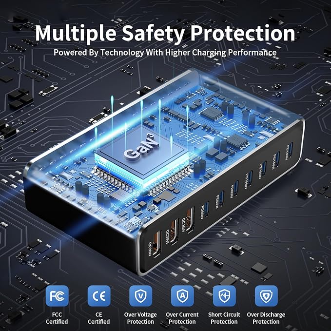 765W 10-Port GaN 3 Desktop Charging Station for Phones, Tablets, Laptops, Smartwatches & Earphones - Home, Office & Travel Compatible