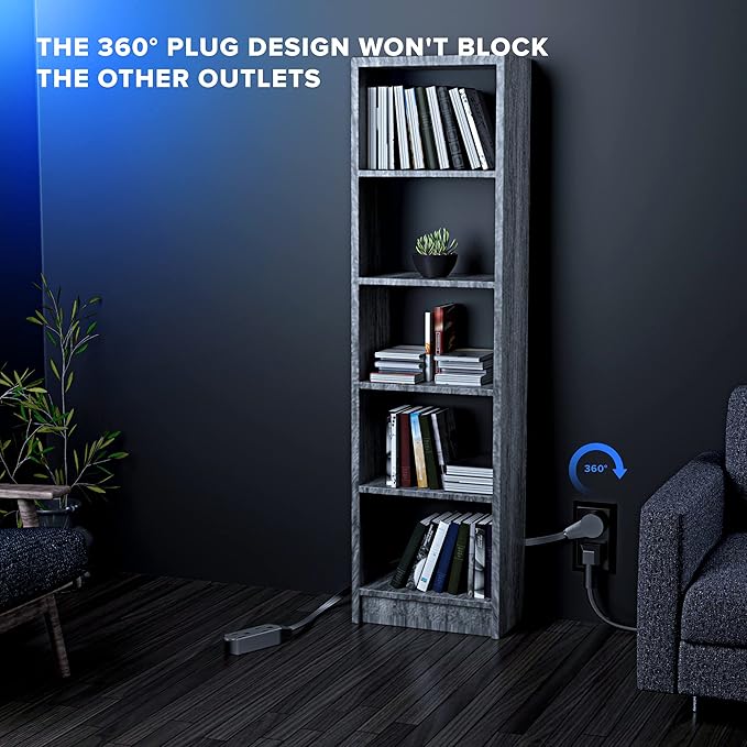 Maximm Cable 6 Ft 360° Rotating Flat Plug Extension Cord/Wire, 16 AWG Multi 3 Outlet Extension Wire, 3 Prong Grounded Wire - Black - UL Certified