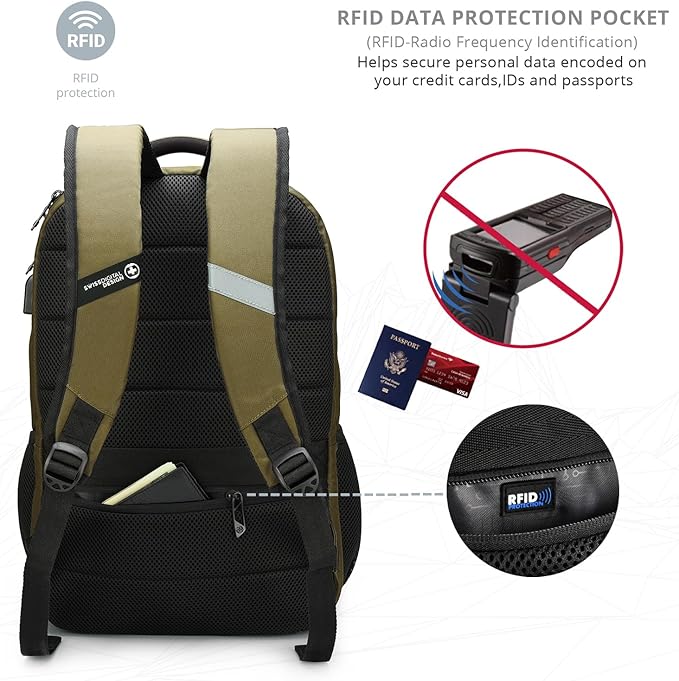 Swissdigital Design Business Laptop Backpack, College Laptops Backpack with USB Charging Port for Men and Women Fits 16 Inch Notebook, Olive | ANDWIL